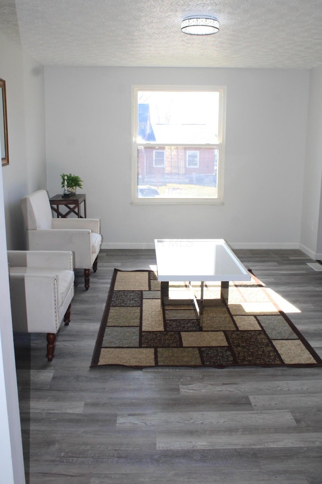 interior space with baseboards, a textured ceiling, and wood finished floors