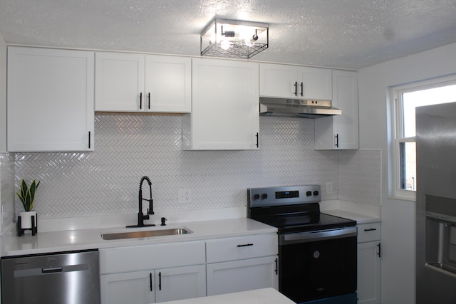 kitchen with white cabinetry, a sink, black electric range, under cabinet range hood, and dishwasher