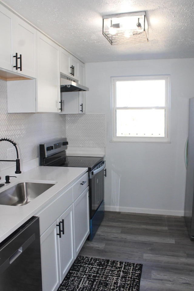 kitchen with under cabinet range hood, electric range oven, dishwashing machine, freestanding refrigerator, and a sink