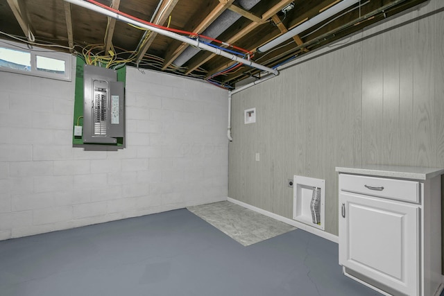 basement with concrete block wall and electric panel