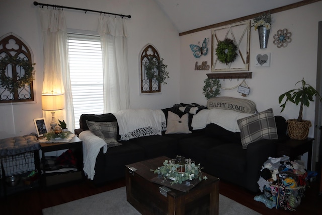 living area featuring vaulted ceiling