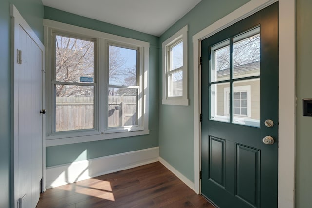 doorway to outside featuring dark wood finished floors and baseboards