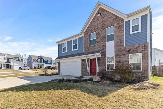 view of front of property featuring a front yard, an attached garage, a residential view, concrete driveway, and brick siding