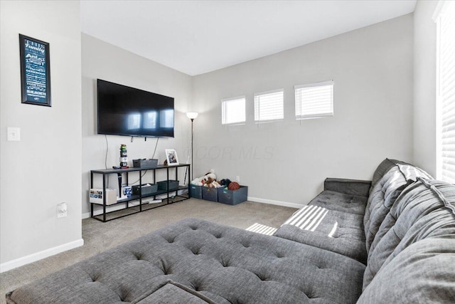 living area with baseboards and carpet floors