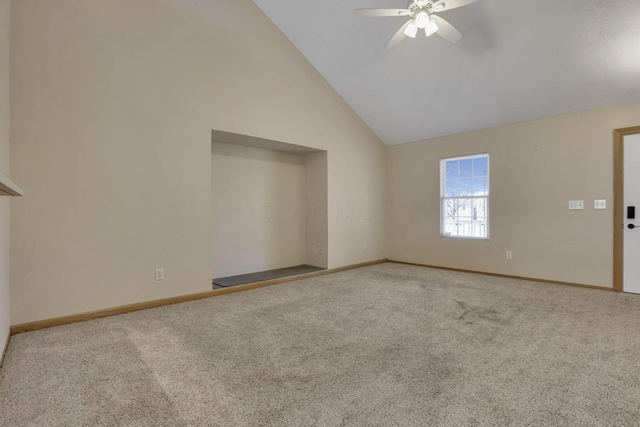 unfurnished living room with baseboards, carpet, ceiling fan, and high vaulted ceiling