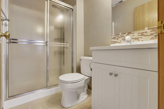 bathroom featuring visible vents, backsplash, toilet, a stall shower, and vanity