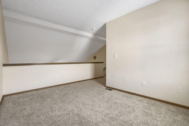 additional living space featuring vaulted ceiling, carpet, baseboards, and a textured ceiling