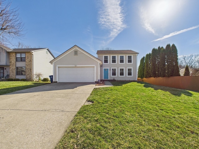 view of front facade featuring a front yard, an attached garage, driveway, and fence