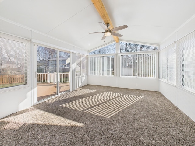 unfurnished sunroom featuring vaulted ceiling with beams and a ceiling fan