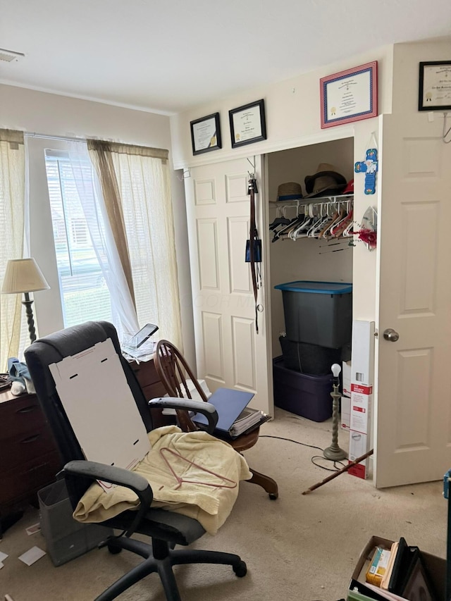 interior space featuring light carpet, visible vents, and a closet