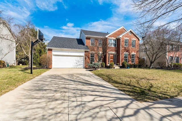 view of front facade with a front yard, brick siding, concrete driveway, and an attached garage