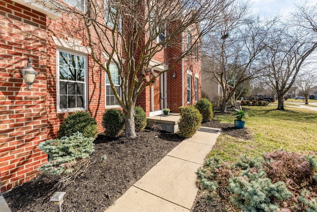 view of exterior entry with a yard and brick siding