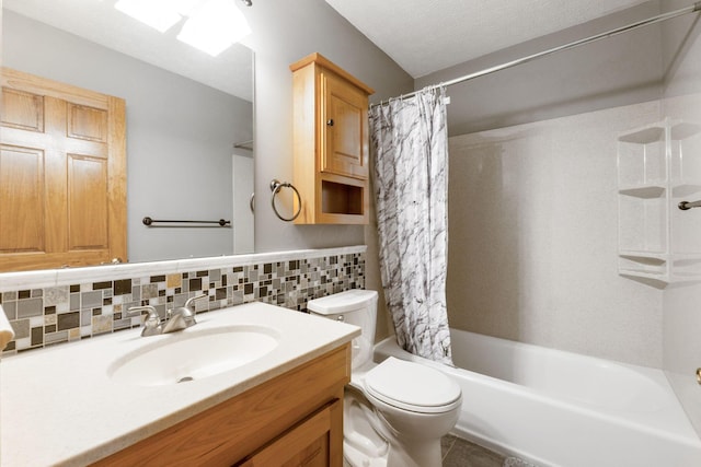 full bath with toilet, shower / tub combo with curtain, a textured ceiling, decorative backsplash, and vanity