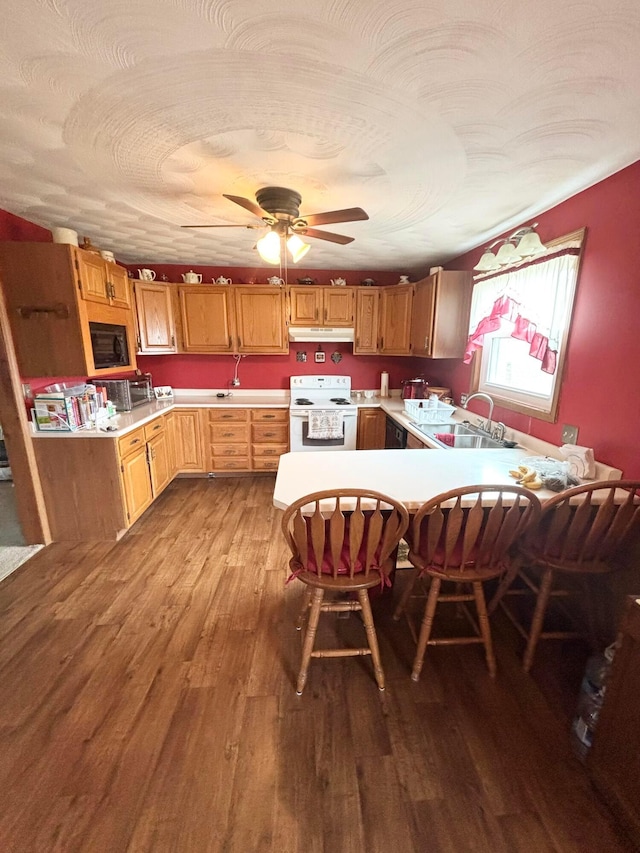 kitchen featuring light countertops, a peninsula, electric stove, dark wood-style floors, and a sink