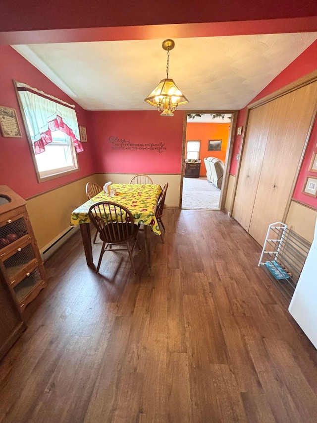 dining room featuring a baseboard radiator, an inviting chandelier, wood finished floors, and vaulted ceiling