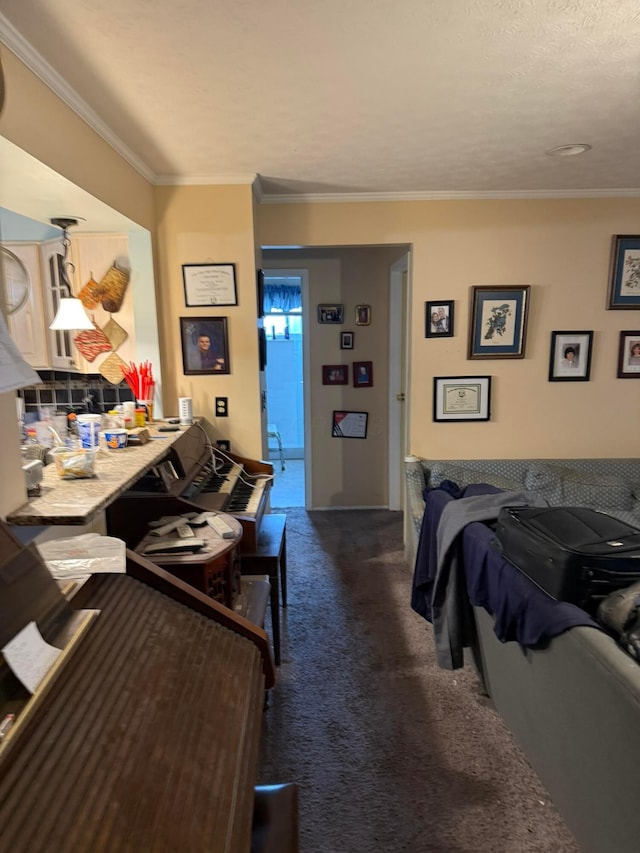 bedroom featuring carpet flooring and ornamental molding