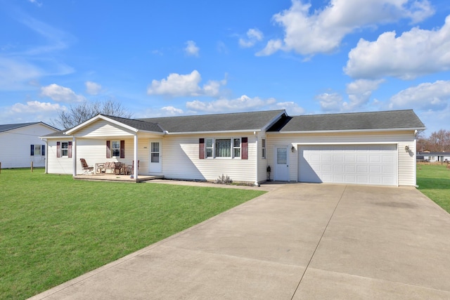 ranch-style house featuring a front lawn, an attached garage, concrete driveway, and a shingled roof