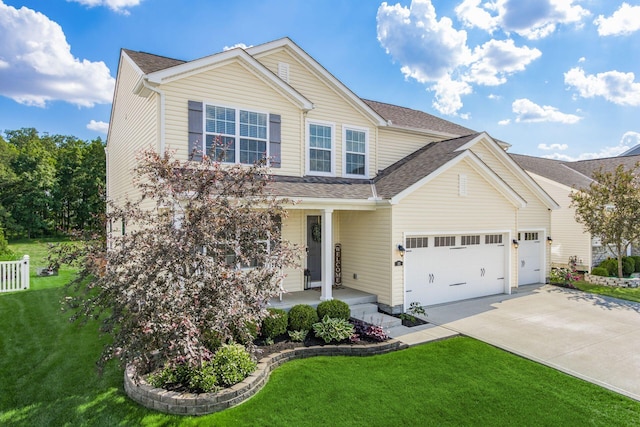 traditional-style home with a garage, covered porch, concrete driveway, and a front yard