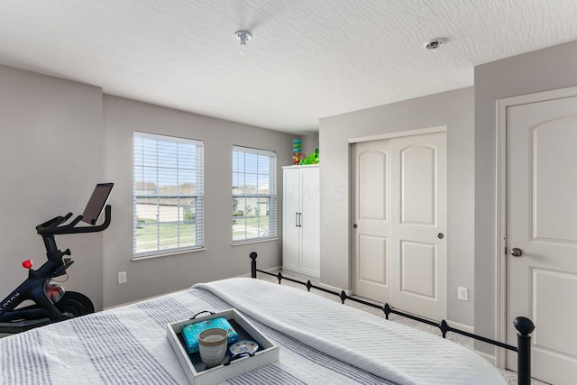 bedroom featuring baseboards, a closet, and a textured ceiling