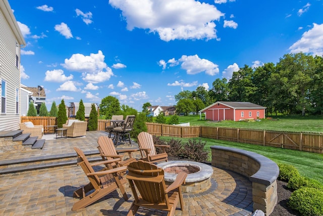 view of patio / terrace with an outdoor living space with a fire pit and a fenced backyard