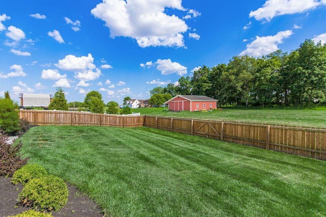 view of yard with an outdoor structure and a fenced backyard