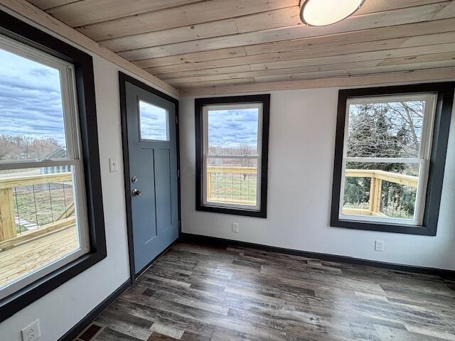 foyer featuring dark wood-type flooring, wood ceiling, baseboards, and visible vents