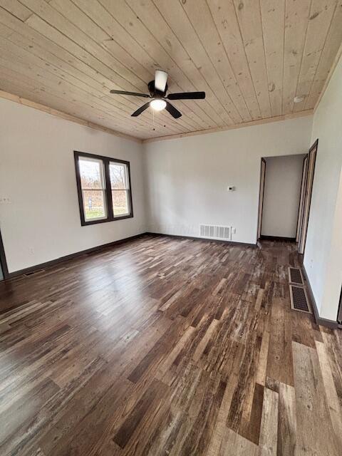 unfurnished room with visible vents, baseboards, ceiling fan, wooden ceiling, and dark wood-style floors