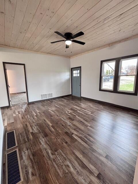 unfurnished living room with visible vents, wood ceiling, ceiling fan, and wood finished floors