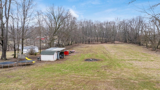 view of yard featuring an outbuilding, a trampoline, and a storage unit