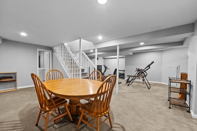 carpeted dining area with stairway, recessed lighting, and baseboards