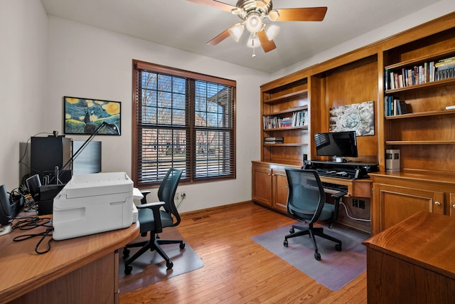 office space featuring light wood finished floors and ceiling fan