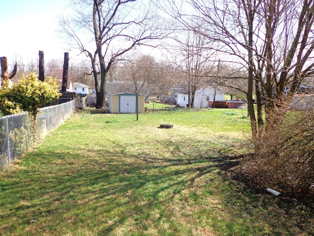 view of yard featuring a storage shed, an outbuilding, and a fenced backyard