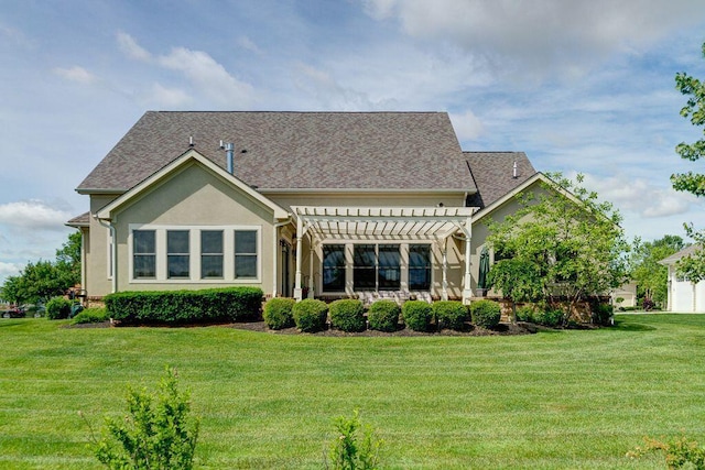6884 Ballantrae Pl, Dublin, OH 43016 - rear view of house with stucco siding, a lawn, and a pergola
