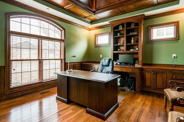 6884 Ballantrae Pl, Dublin, OH 43016 - home office with visible vents, coffered ceiling, a wainscoted wall, and crown molding