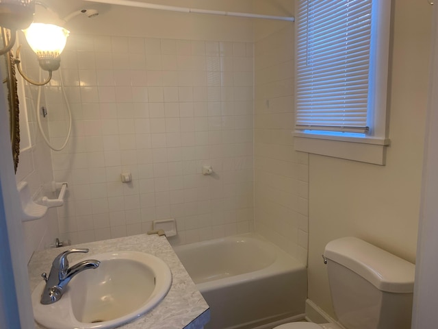 full bathroom with toilet, bathtub / shower combination, and vanity