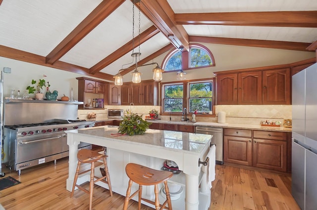 kitchen featuring lofted ceiling with beams, stainless steel appliances, open shelves, and backsplash