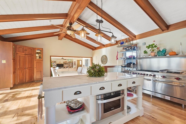 kitchen featuring lofted ceiling with beams, light wood-style flooring, brown cabinetry, and light stone countertops