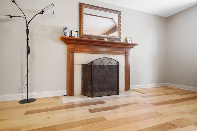 details with baseboards, wood finished floors, and a fireplace