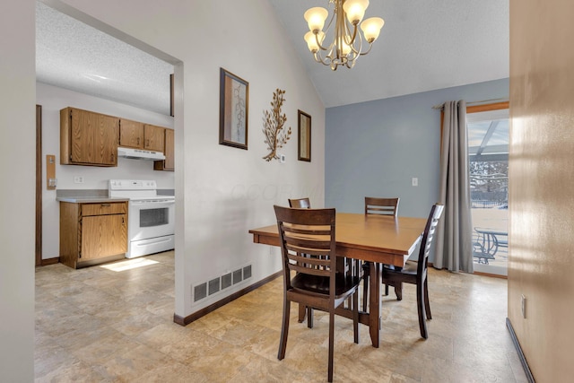 dining area with baseboards, visible vents, an inviting chandelier, lofted ceiling, and a textured ceiling