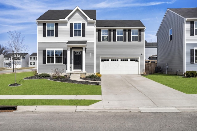 traditional-style home with a garage, driveway, central AC, and a front lawn