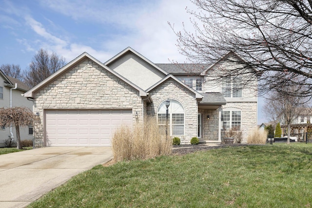 view of front of home featuring stone siding, driveway, a garage, and a front lawn