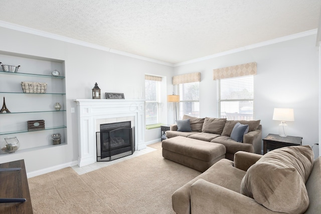 living area featuring a textured ceiling, a tile fireplace, ornamental molding, and light colored carpet