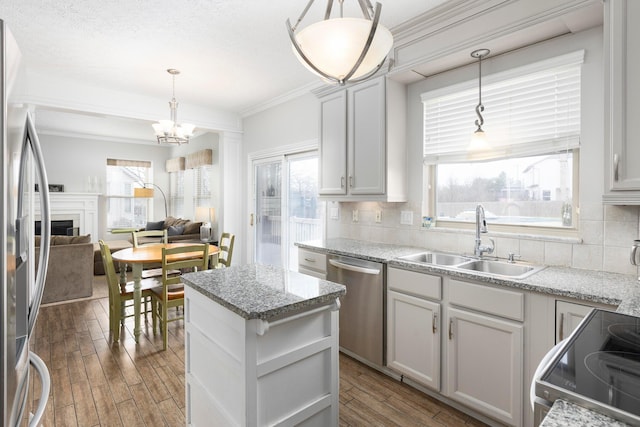 kitchen with decorative backsplash, wood finished floors, appliances with stainless steel finishes, a sink, and open floor plan