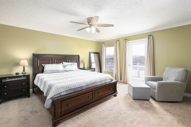 bedroom featuring light carpet, access to exterior, and a textured ceiling