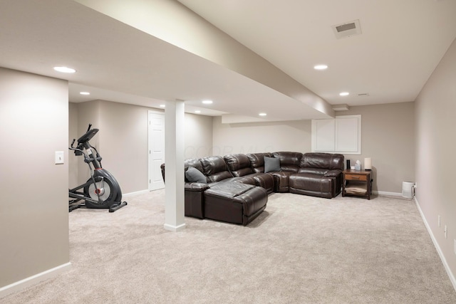 living room with visible vents, light carpet, baseboards, and recessed lighting