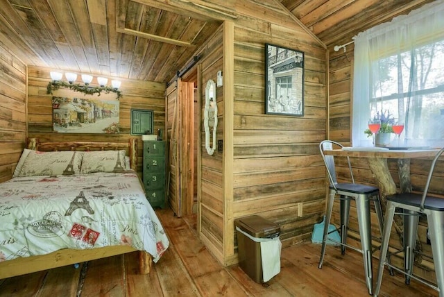 bedroom with wood ceiling, lofted ceiling, and wood walls