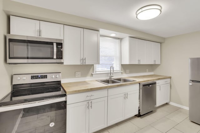 681 Stewart Ave, Columbus, OH 43206 - kitchen with wood counters, white cabinetry, a sink, and appliances with stainless steel finishes