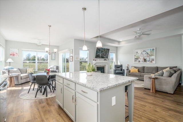 kitchen featuring a fireplace, wood finished floors, ceiling fan with notable chandelier, and open floor plan
