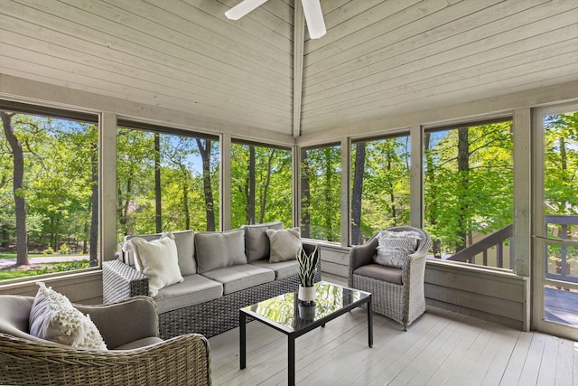 1299 Stratford Woods Dr, Newark, OH 43055 - sunroom / solarium with an outdoor hangout area, a ceiling fan, plenty of natural light, and vaulted ceiling
