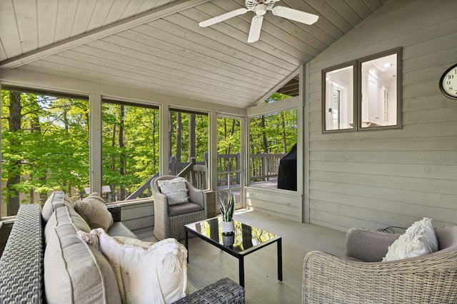 1299 Stratford Woods Dr, Newark, OH 43055 - sunroom featuring lofted ceiling, ceiling fan, and plenty of natural light